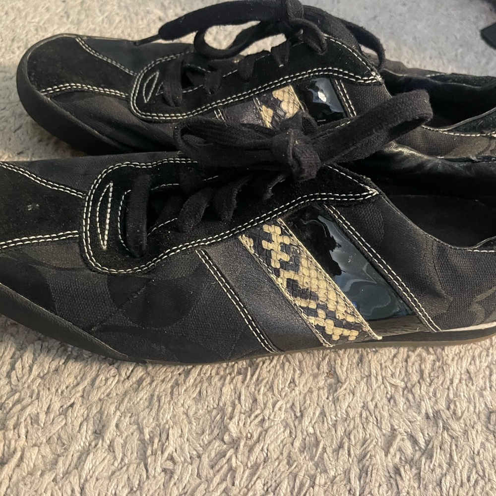COACH Black Lace-Up Sneakers with Snake-Print Accent